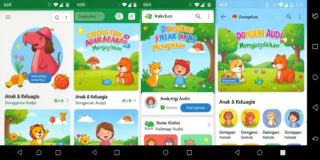 Antarmuka aplikasi 66K yang menarik dan berwarna-warni untuk Dongeng Audio.