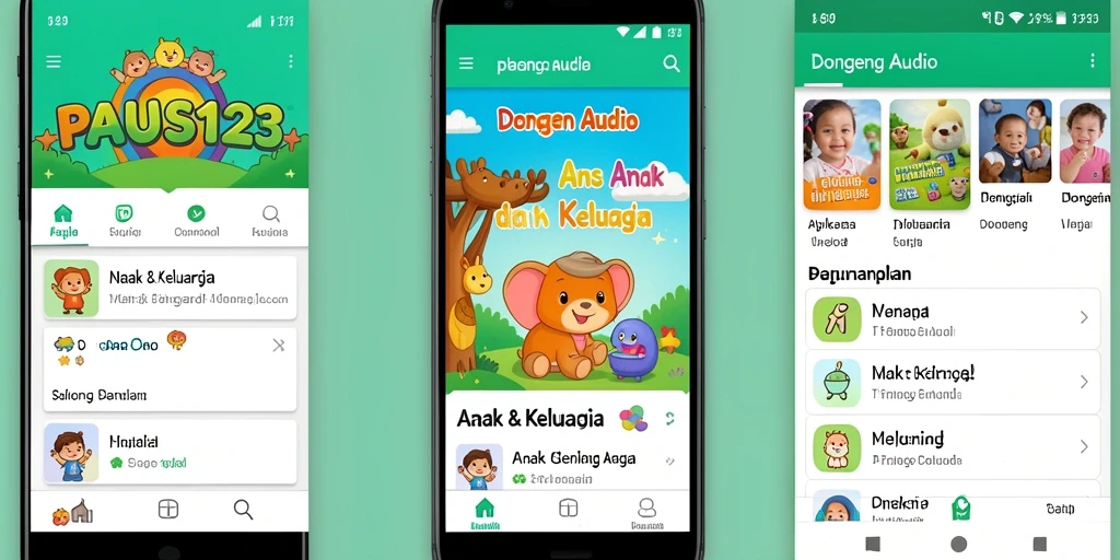 Screenshot PAUS123 menunjukkan antarmuka aplikasi Dongeng Audio yang ramah anak.